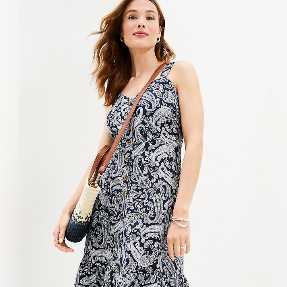 Loft Paisley Linen Blend Strappy Button Tiered Midi Dress Size 4 Deep Space Blue